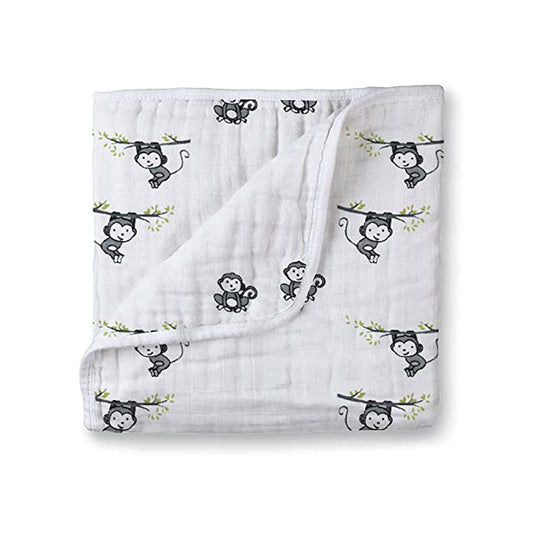 Muslin Cotton 4-Layer Baby Quilt / Dream Blanket | Lightweight Nursery & Crib Blanket for Newborn to 5 Years | For Boys & Girls | 45 x 45 Inch | Baby Shower Gift | Monkey