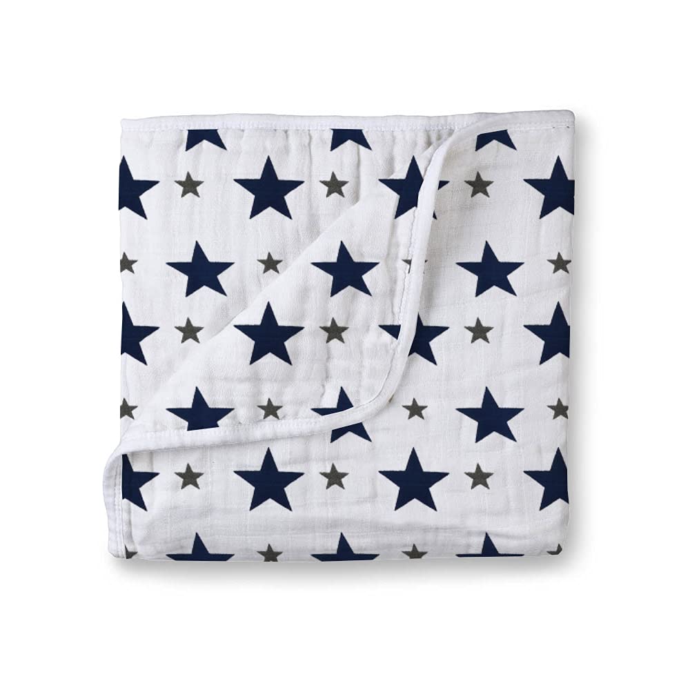 Muslin Cotton 4-Layer Baby Quilt / Dream Blanket | Lightweight Nursery & Crib Blanket for Newborn to 5 Years | For Boys & Girls | 45 x 45 Inch | Baby Shower Gift | Navy Star
