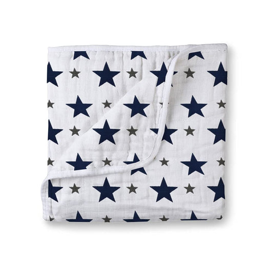 Muslin Cotton 4-Layer Baby Quilt / Dream Blanket | Lightweight Nursery & Crib Blanket for Newborn to 5 Years | For Boys & Girls | 45 x 45 Inch | Baby Shower Gift | Navy Star