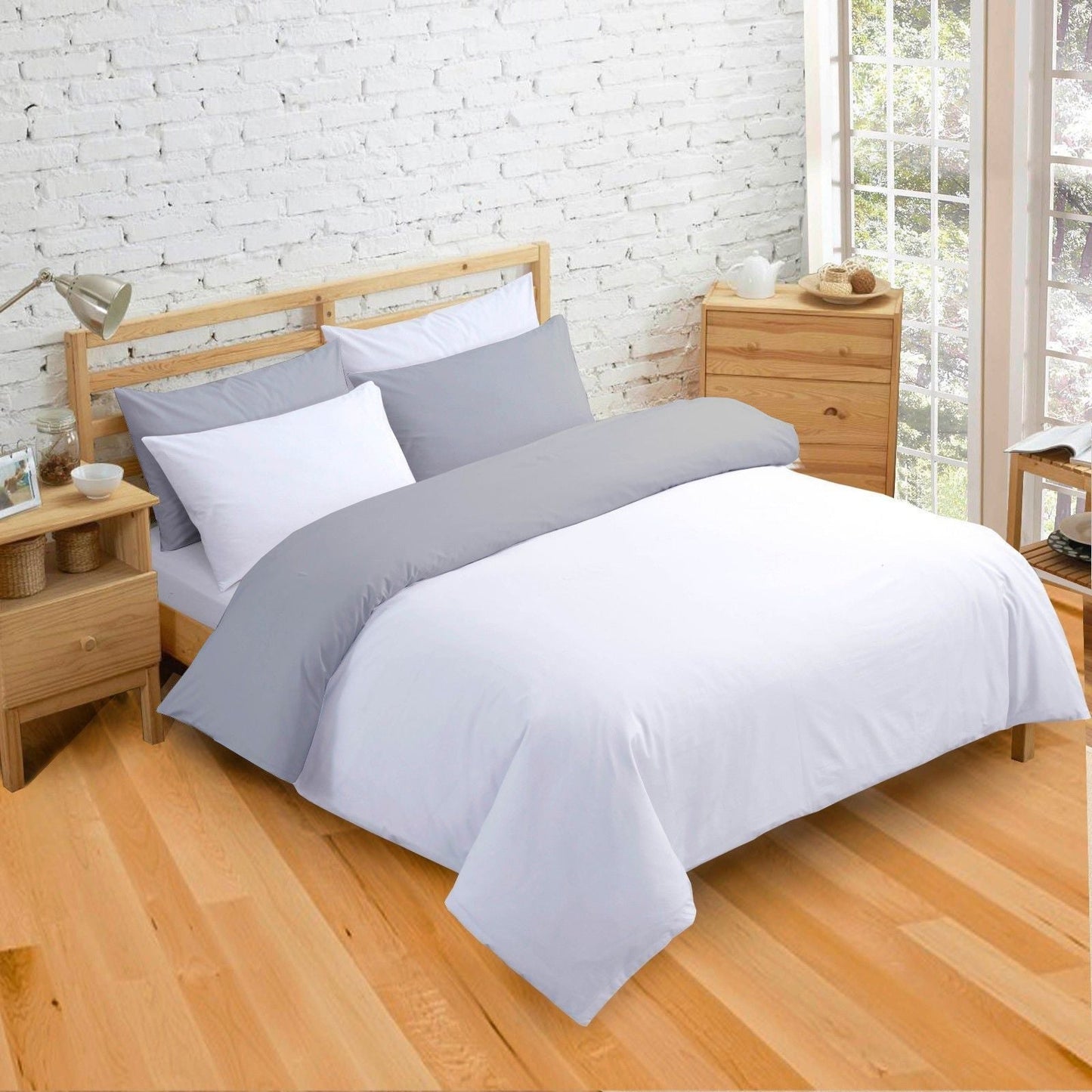 Cotton Reversible Duvet Cover Set | Silky Soft Sateen Weave | Breathable Long Staple Cotton Bedding with Zipper Closure | 3-Piece Set (1 Duvet Cover + 2 Pillowcases) Light Grey/White