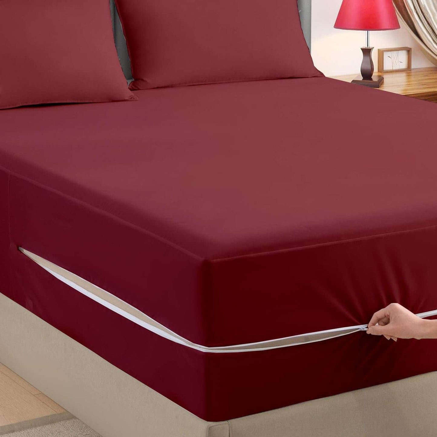 Zipper Fitted Sheet | Super Soft Microfiber | Wrinkle, Fade & Stain Resistant | Hypoallergenic Hotel Luxury Bedding | 1 Piece Only (Burgundy)