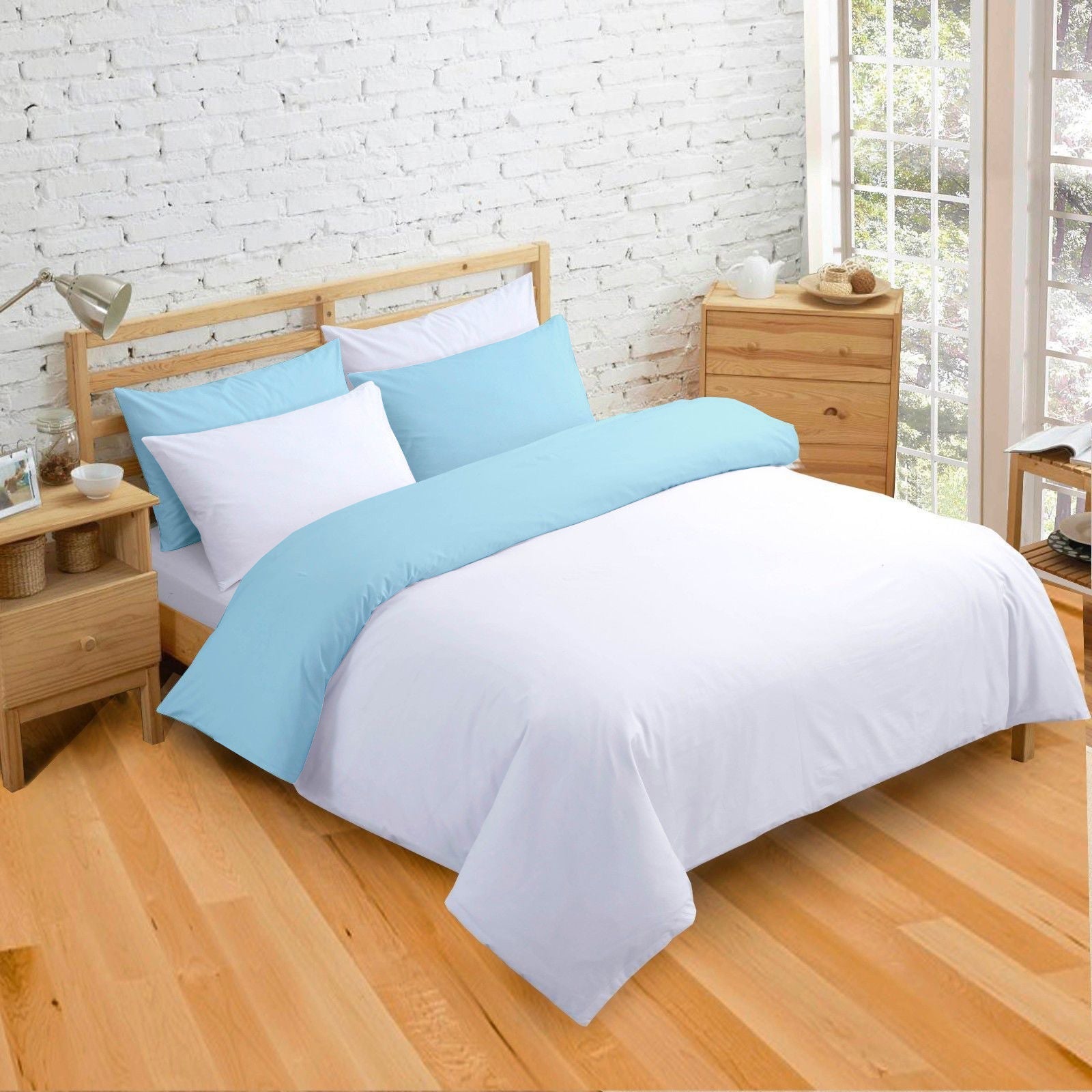 Cotton Reversible Duvet Cover Set | Silky Soft Sateen Weave | Breathable Long Staple Cotton Bedding with Zipper Closure | 3-Piece Set (1 Duvet Cover + 2 Pillowcases) Light Blue/White