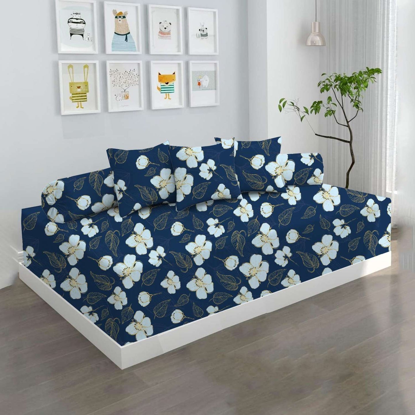 100% Microfiber 6 Pieces Diwan Set - Single bedsheet, 3 Cushions Covers and 2 Bolster Covers ( Diwan Sheet-60 X 90 Inches, Cushion Cover-16 X 16 Inches, Bolster Cover-16 X 32 Inches) (Tulip Rose Print)
