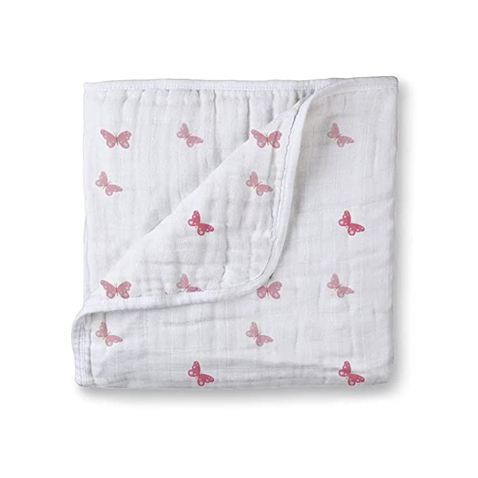 Muslin Cotton 4 Layer Baby Quilt/Dream Blanket for Newborn to 5 Years, for Girls & Boys, Lightweight Newborn Nursery & Crib Blanket, Baby Shower Gift - 45X45 Inch - Butterfly