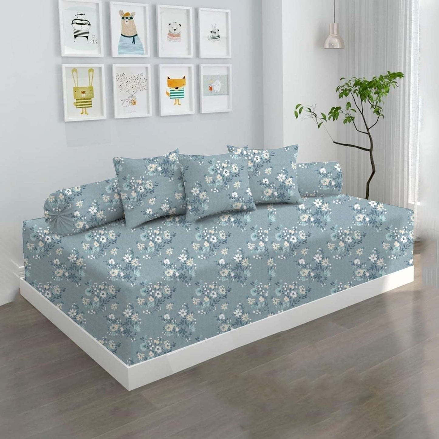 100% Microfiber 6 Pieces Diwan Set - Single bedsheet, 3 Cushions Covers and 2 Bolster Covers ( Diwan Sheet-60 X 90 Inches, Cushion Cover-16 X 16 Inches, Bolster Cover-16 X 32 Inches) (Mini Tiny Floral Print)