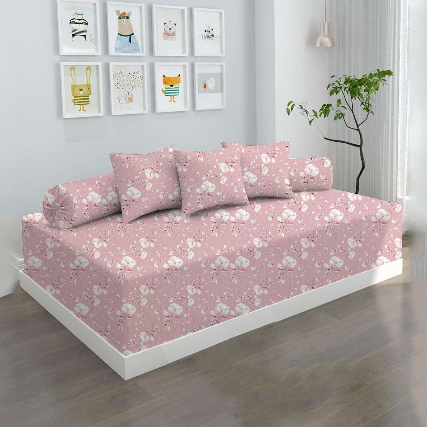 100% Microfiber 6 Pieces Diwan Set - Single bedsheet, 3 Cushions Covers and 2 Bolster Covers ( Diwan Sheet-60 X 90 Inches, Cushion Cover-16 X 16 Inches, Bolster Cover-16 X 32 Inches) (Floral Bloom Print)