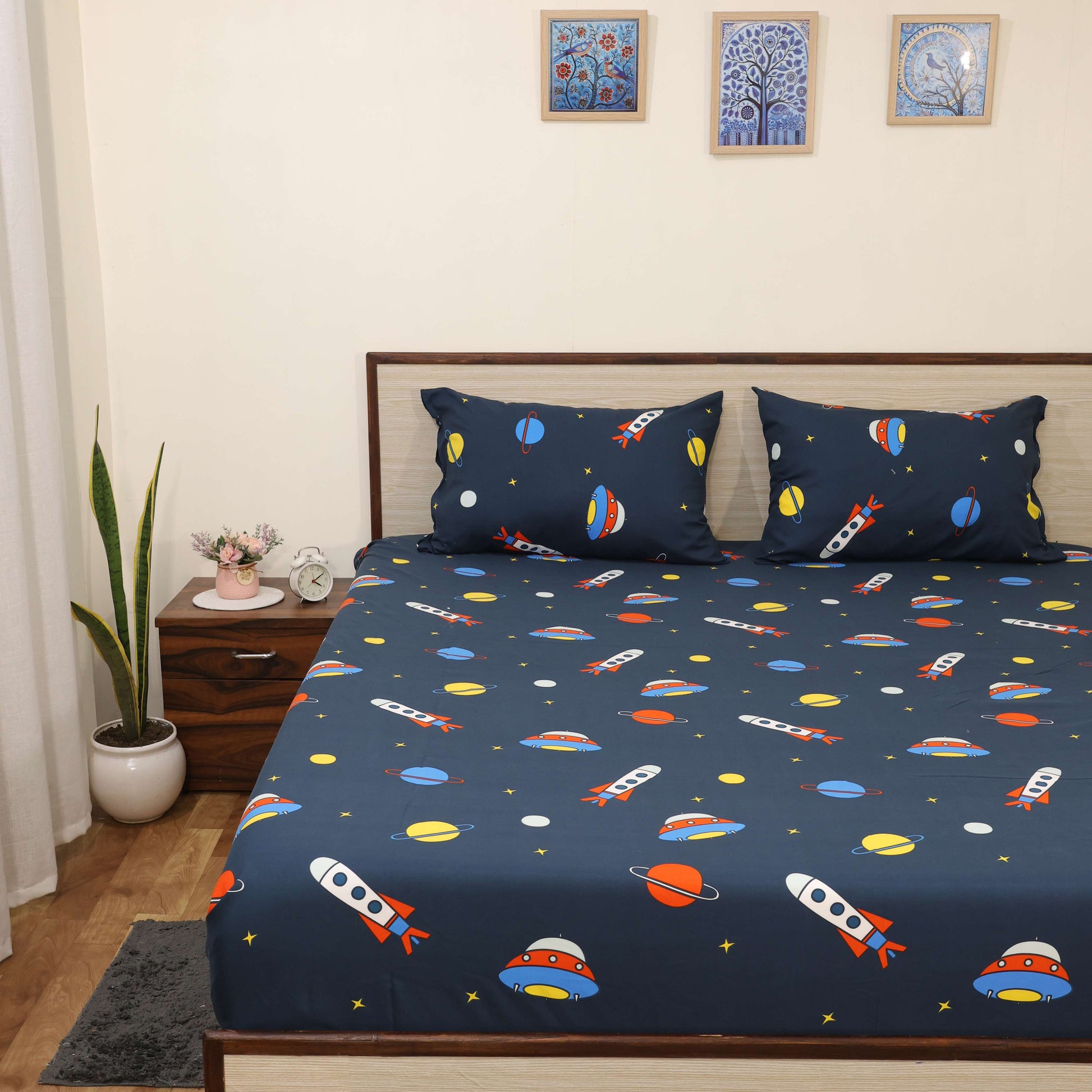 Premium Printed Microfiber All Round Elastic Fitted Bedsheet only| 10 Inch Deep Pocket | Wrinkel Free Bed Cover (Planet Spaceship Print)