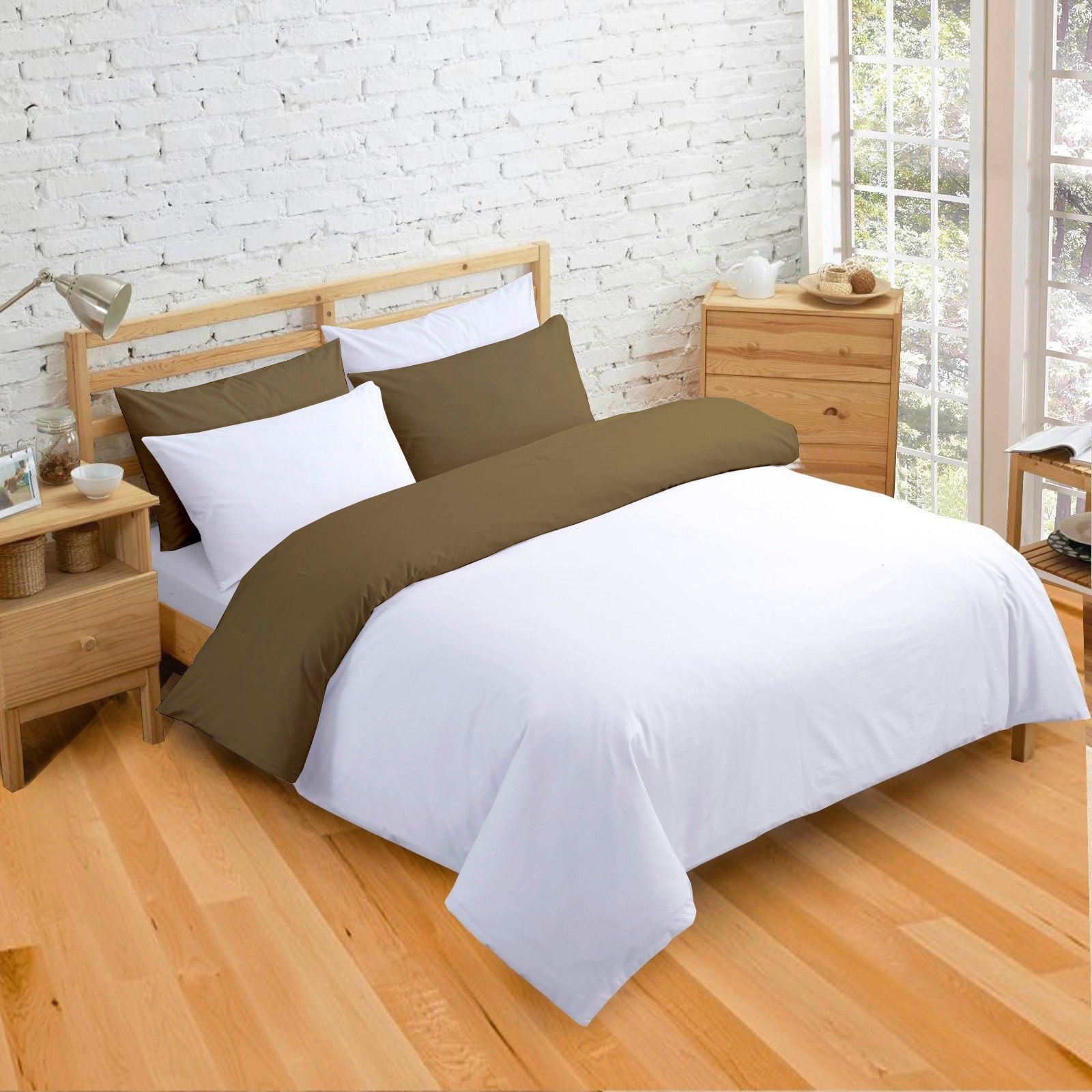Cotton Reversible Duvet Cover Set | Silky Soft Sateen Weave | Breathable Long Staple Cotton Bedding with Zipper Closure | 3-Piece Set (1 Duvet Cover + 2 Pillowcases) Taupe/White