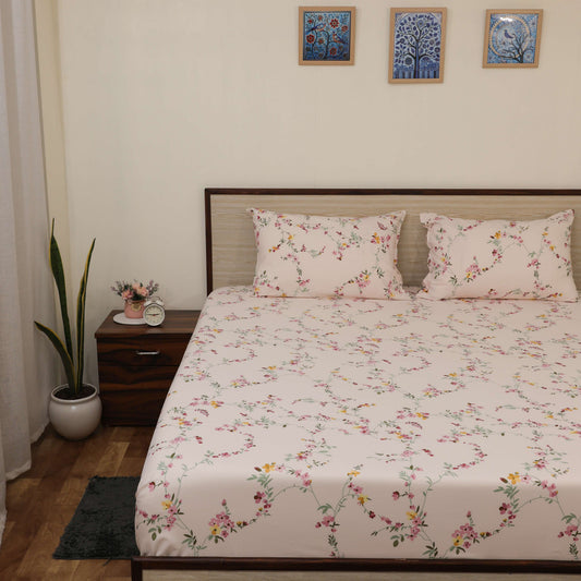 Super Soft Microfiber Fitted Bedsheet | All-Round Elastic | 10-Inch Deep Pocket | Fade, Stain & Wrinkle Resistant | 2 Pillow Covers (Country Blossom Print)