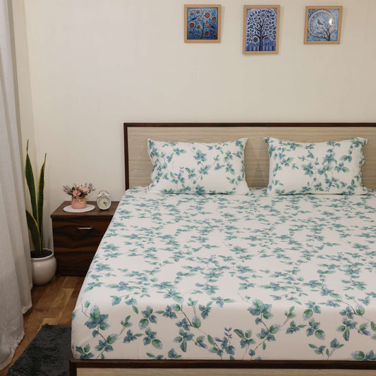 Premium Printed Microfiber All Round Elastic Fitted Bedsheet only| 10 Inch Deep Pocket | Wrinkel Free Bed Cover (Blue Plum Blossom Print)