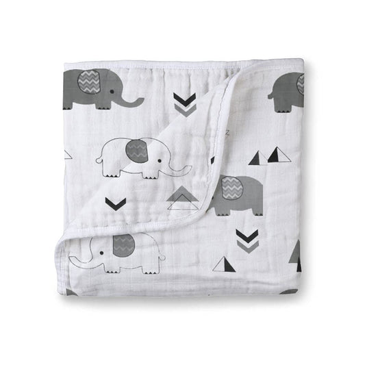 Muslin Cotton 4-Layer Baby Quilt / Dream Blanket | Lightweight Nursery & Crib Blanket for Newborn to 5 Years | For Boys & Girls | 45 x 45 Inch | Baby Shower Gift | Elephant