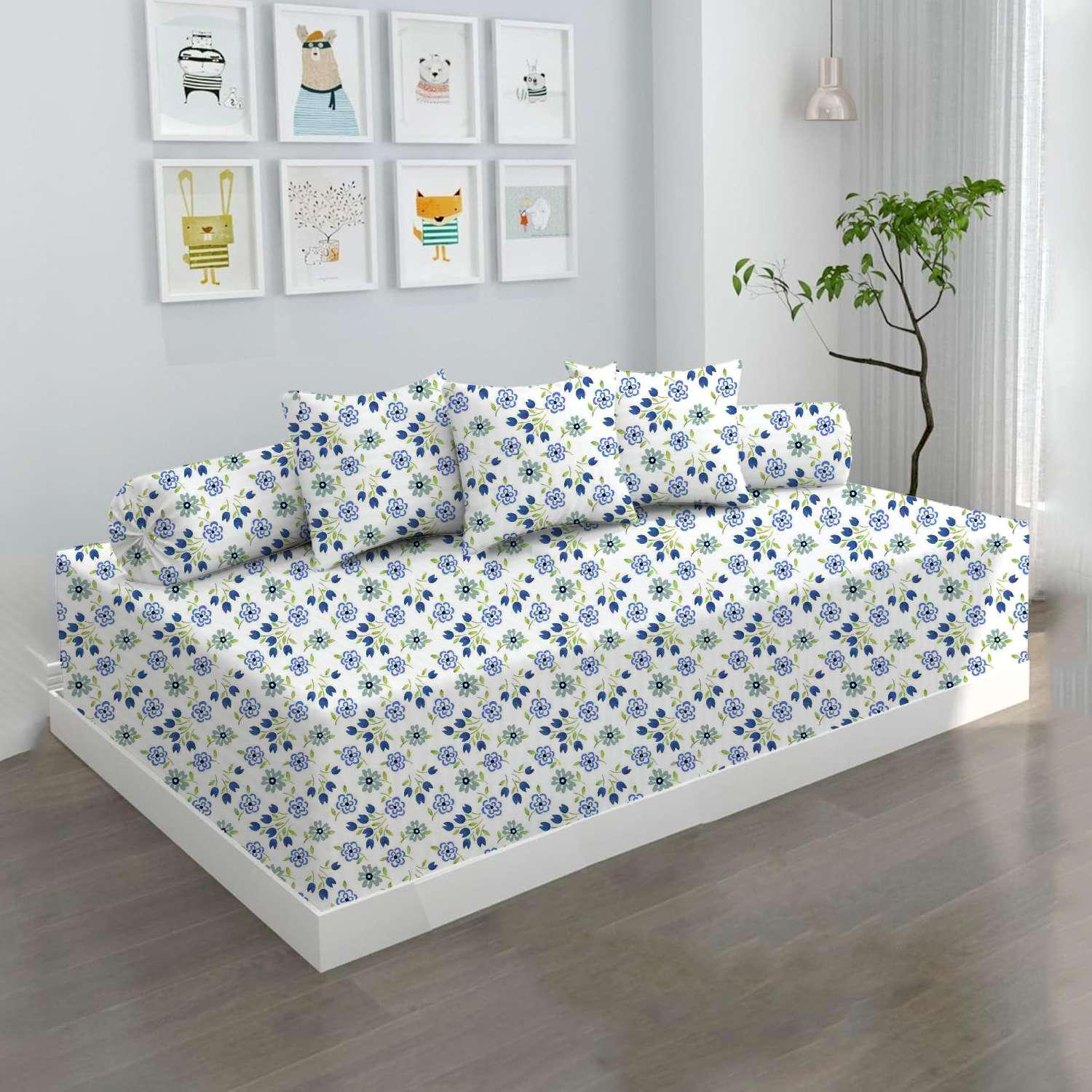 100% Microfiber 6 Pieces Diwan Set - Single bedsheet, 3 Cushions Covers and 2 Bolster Covers ( Diwan Sheet-60 X 90 Inches, Cushion Cover-16 X 16 Inches, Bolster Cover-16 X 32 Inches) (Blue Plum Blossom Print)