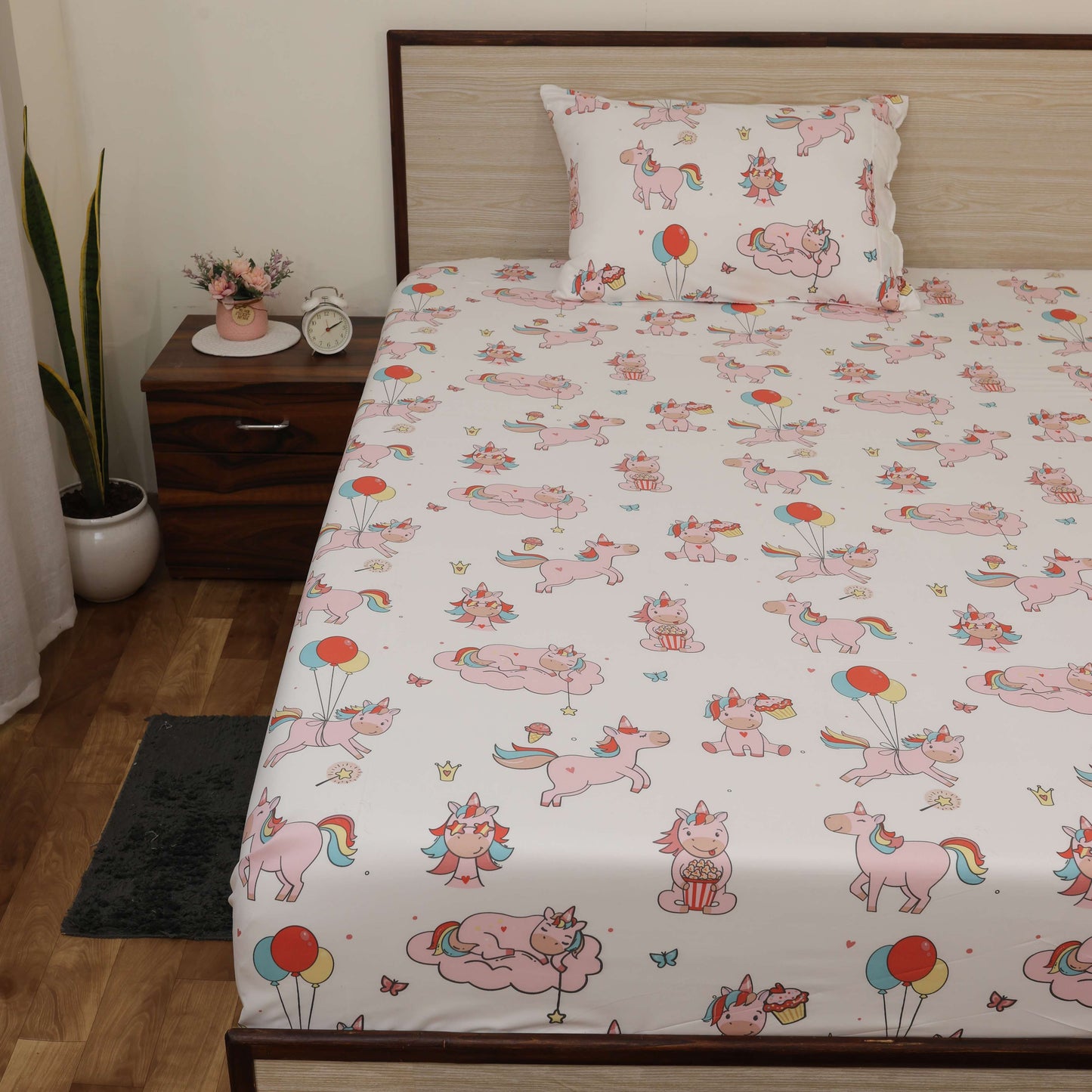 Luxury 1800 Brushed Microfiber 4PCs Printed Bedsheet chadar Set - Soft and Breathable - 1 Flat Sheet, 1 Fitted Sheet with 2 Pillow Cover - 10" Drop (Pink Unicorn Print)