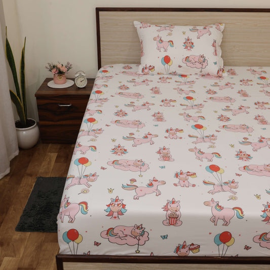 Super Soft Microfiber Fitted Bedsheet | All-Round Elastic | 10-Inch Deep Pocket | Fade, Stain & Wrinkle Resistant | 2 Pillow Covers (Pink Unicorn Print)