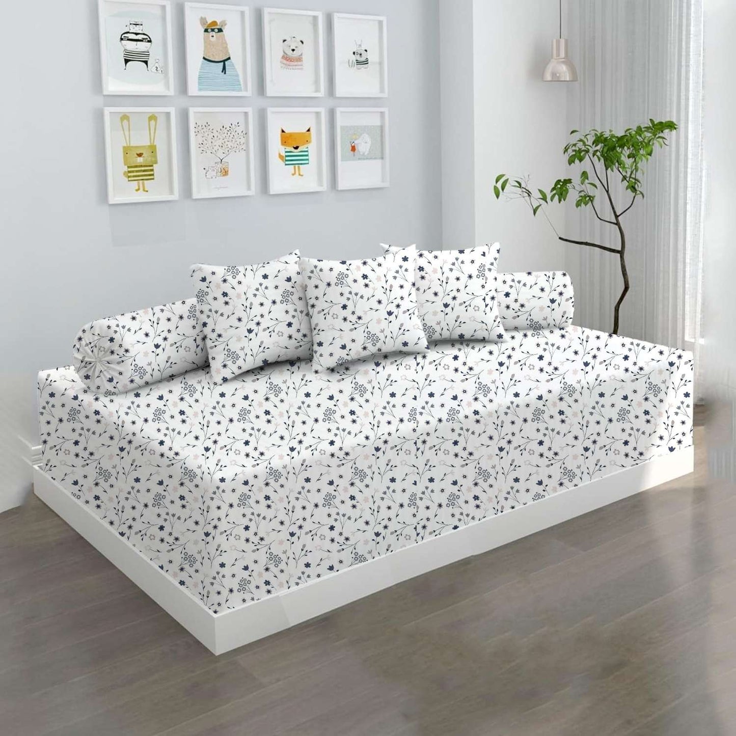 100% Microfiber 6 Pieces Diwan Set - Single bedsheet, 3 Cushions Covers and 2 Bolster Covers ( Diwan Sheet-60 X 90 Inches, Cushion Cover-16 X 16 Inches, Bolster Cover-16 X 32 Inches) (Ditsy Floral Print)