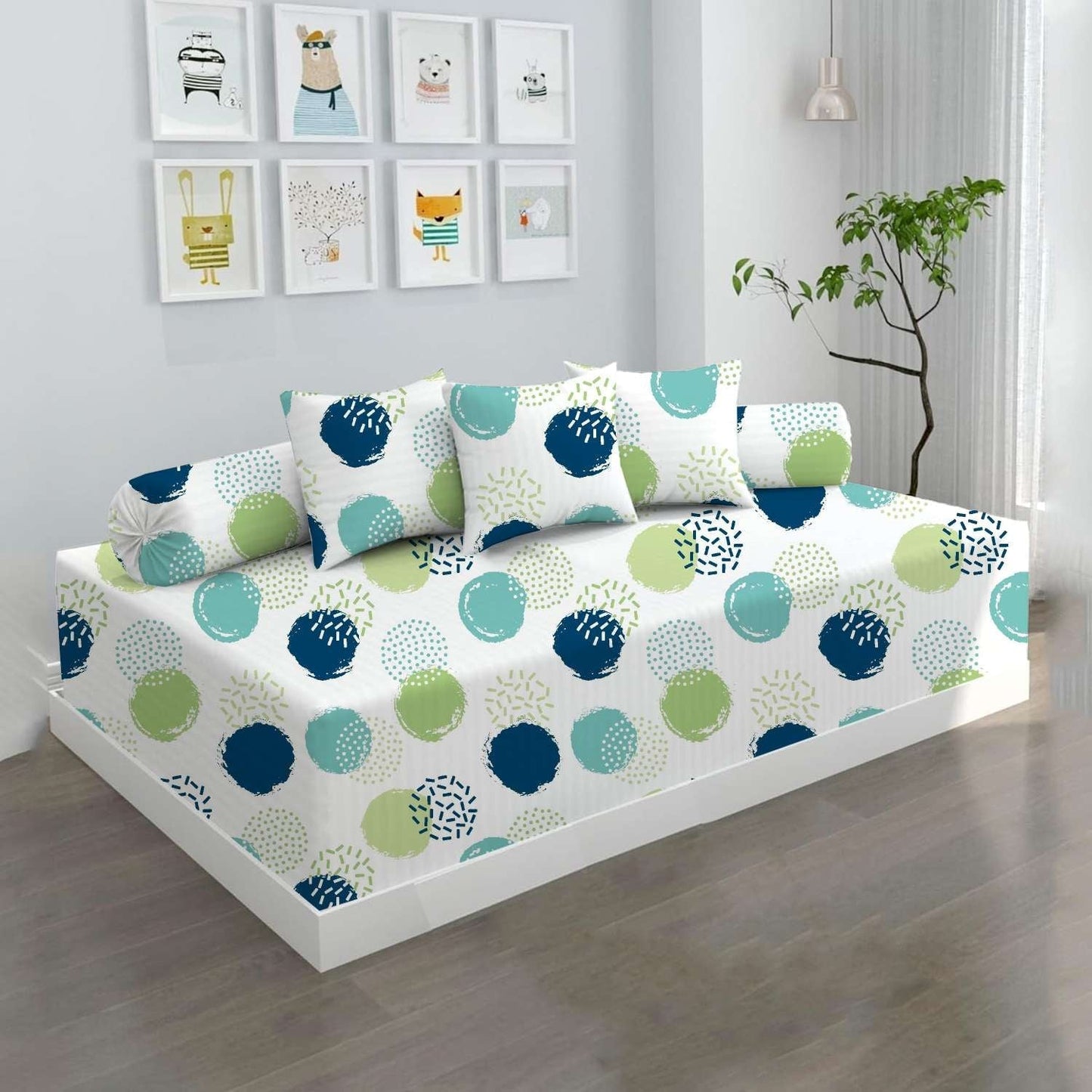 100% Microfiber 6 Pieces Diwan Set - Single bedsheet, 3 Cushions Covers and 2 Bolster Covers ( Diwan Sheet-60 X 90 Inches, Cushion Cover-16 X 16 Inches, Bolster Cover-16 X 32 Inches) (Circle Pop Print)