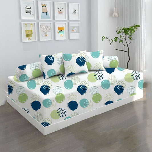 100% Microfiber 6 Pieces Diwan Set - Single bedsheet, 3 Cushions Covers and 2 Bolster Covers ( Diwan Sheet-60 X 90 Inches, Cushion Cover-16 X 16 Inches, Bolster Cover-16 X 32 Inches) (Circle Pop Print)