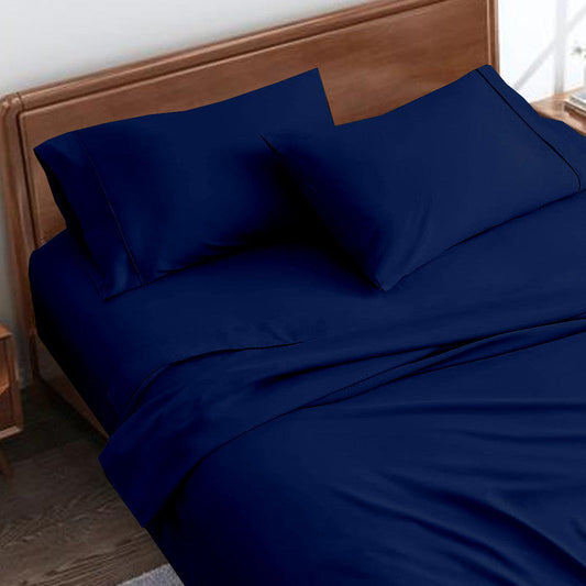 Premium 100% Cotton Flat Bedsheet with 2 Pillow Covers | 400 TC Super Soft & Cooling Luxury Hotel Sheet | 3-Piece Chadar Set (Navy Blue)
