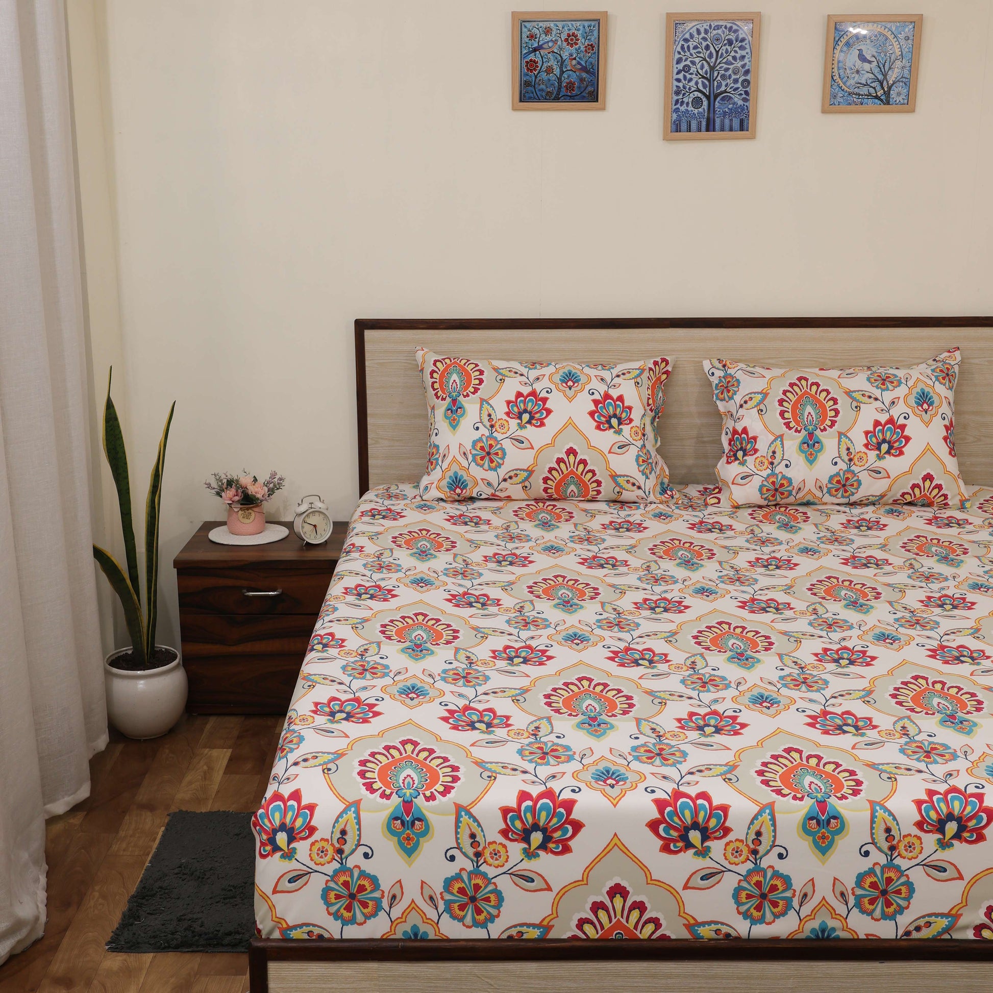 Premium Printed Microfiber All Round Elastic Fitted Bedsheet only| 10 Inch Deep Pocket | Wrinkel Free Bed Cover (Rangriti Floral Print)