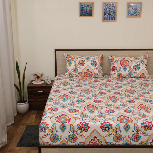 Premium Printed Microfiber All Round Elastic Fitted Bedsheet only| 10 Inch Deep Pocket | Wrinkel Free Bed Cover (Rangriti Floral Print)