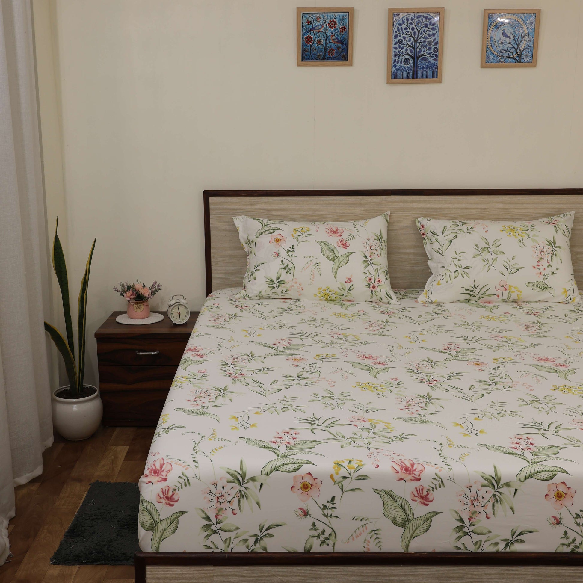 Super Soft Microfiber Fitted Bedsheet | All-Round Elastic | 10-Inch Deep Pocket | Fade, Stain & Wrinkle Resistant | 2 Pillow Covers (Morning Petals Print)