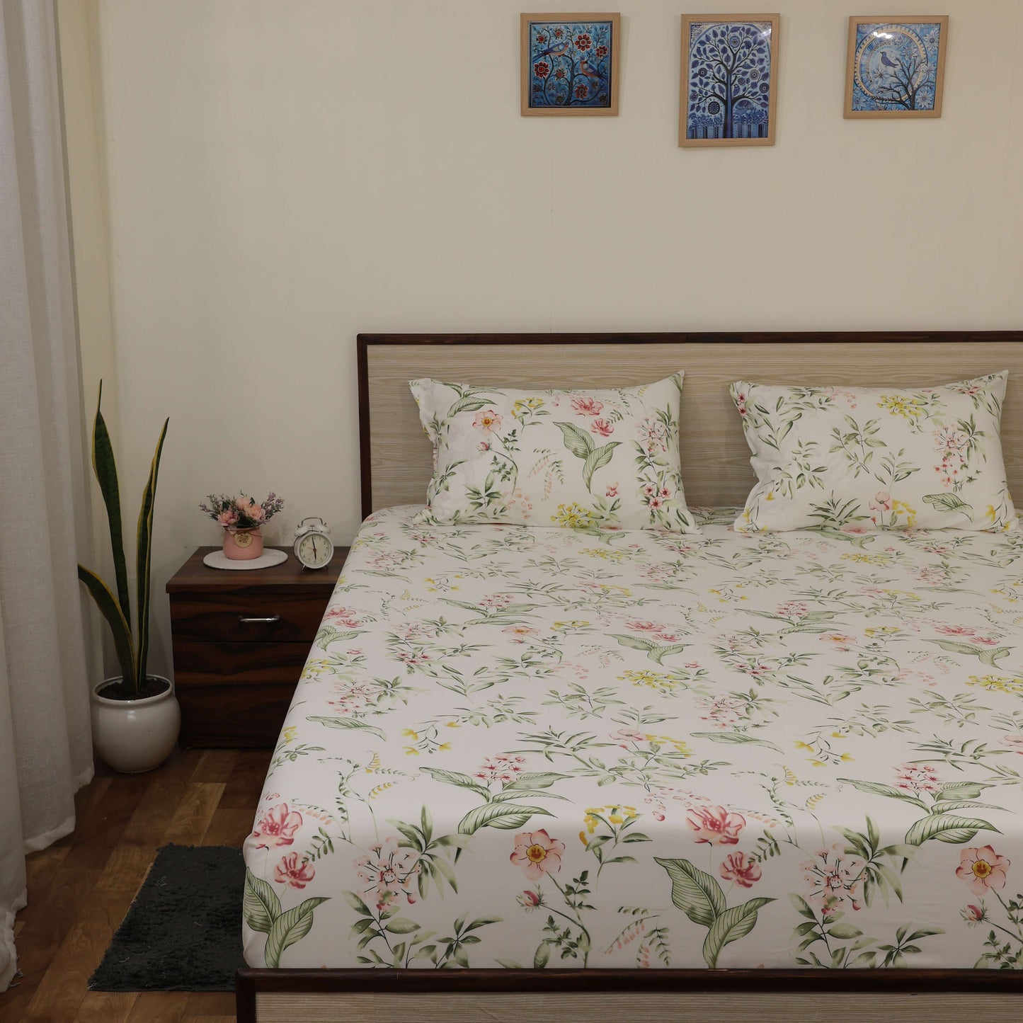 Premium Printed Microfiber All Round Elastic Fitted Bedsheet only| 10 Inch Deep Pocket | Wrinkel Free Bed Cover (Morning Petals Print)