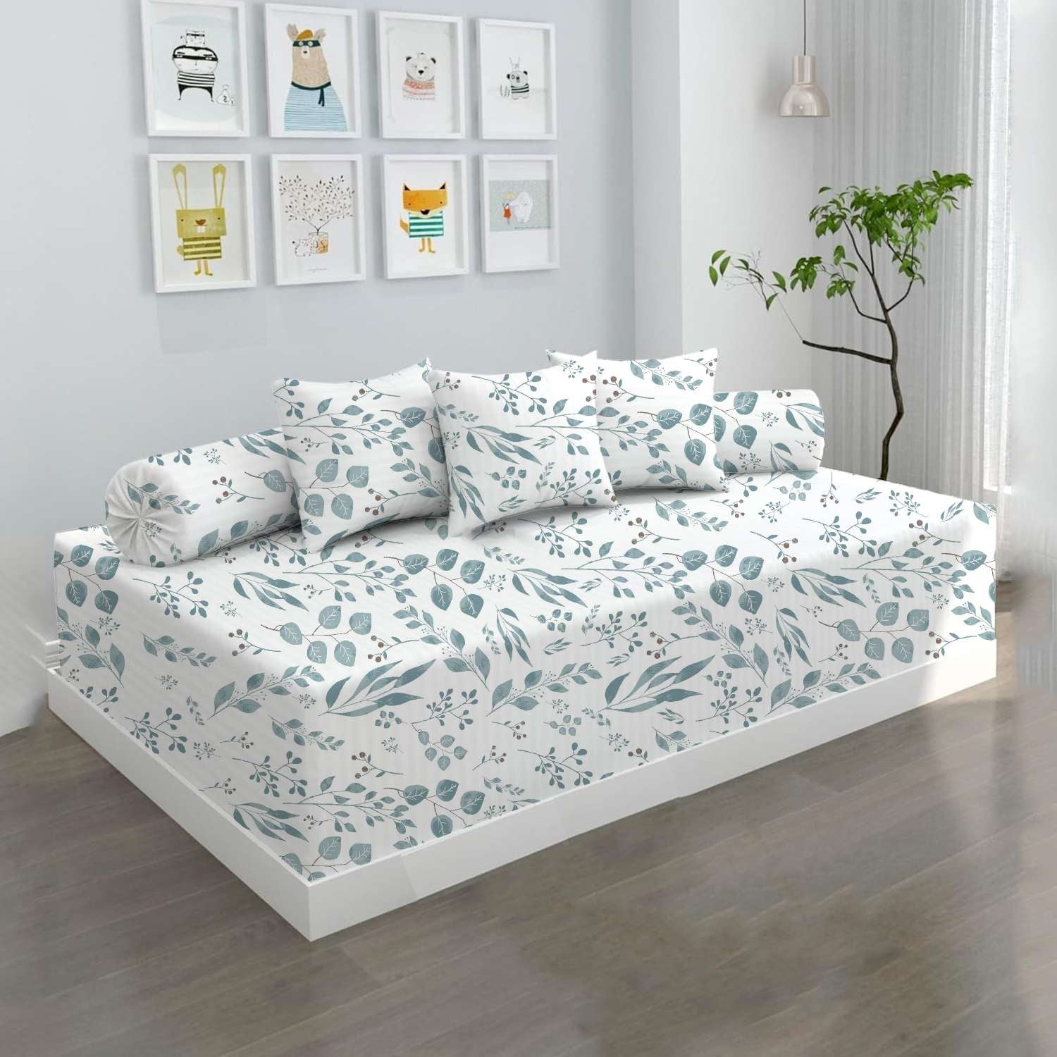 100% Microfiber 6 Pieces Diwan Set - Single bedsheet, 3 Cushions Covers and 2 Bolster Covers ( Diwan Sheet-60 X 90 Inches, Cushion Cover-16 X 16 Inches, Bolster Cover-16 X 32 Inches) (Tranquil Green Petals Print)