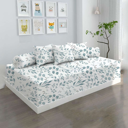 100% Microfiber 6 Pieces Diwan Set - Single bedsheet, 3 Cushions Covers and 2 Bolster Covers ( Diwan Sheet-60 X 90 Inches, Cushion Cover-16 X 16 Inches, Bolster Cover-16 X 32 Inches) (Tranquil Green Petals Print)
