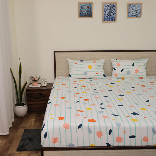 Super Soft Microfiber Fitted Bedsheet | All-Round Elastic | 10-Inch Deep Pocket | Fade, Stain & Wrinkle Resistant | 2 Pillow Covers (Ray of Flowers Print)