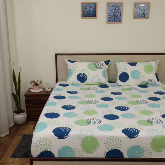 Super Soft Microfiber Fitted Bedsheet | All-Round Elastic | 10-Inch Deep Pocket | Fade, Stain & Wrinkle Resistant | 2 Pillow Covers (Circle Pop Print)