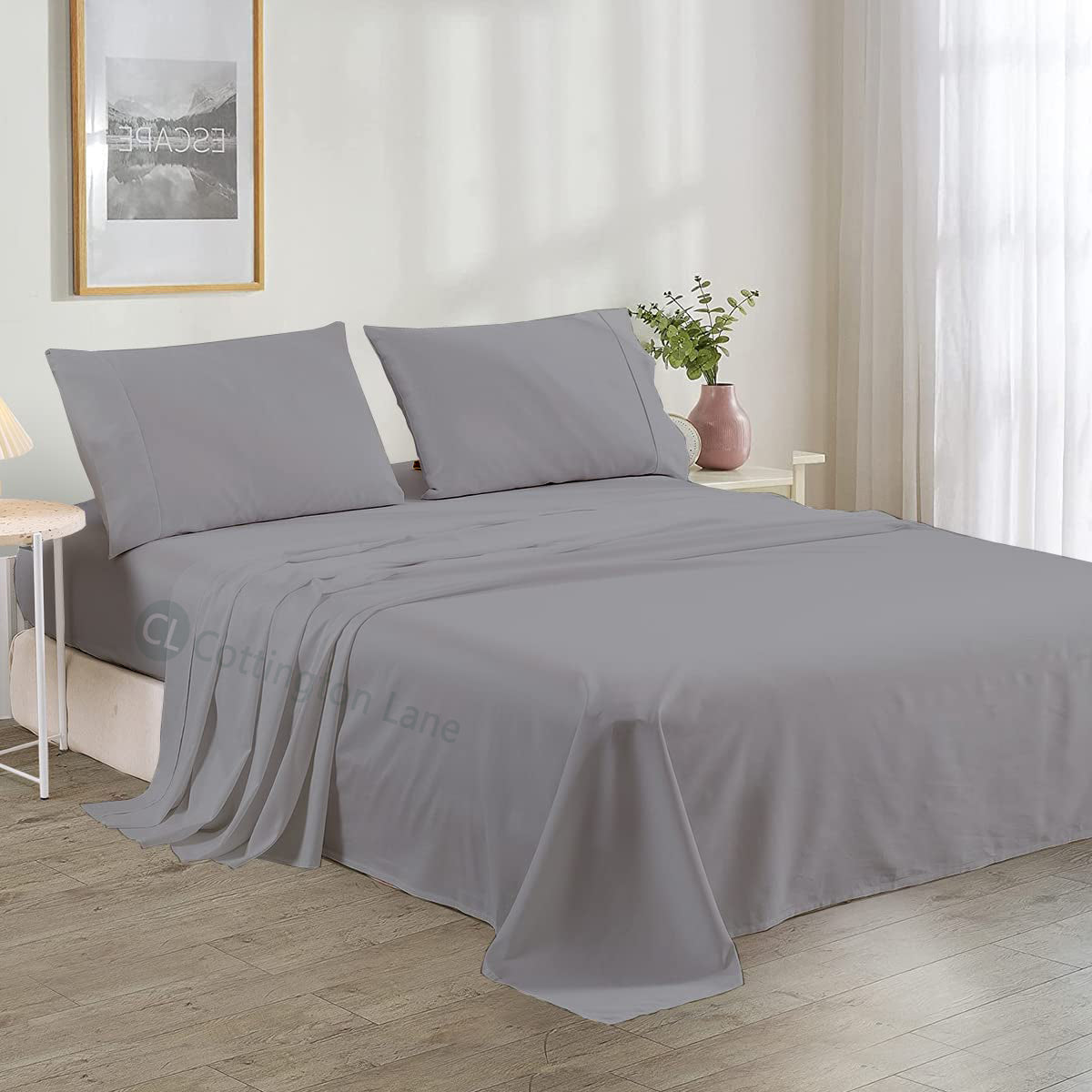 Luxury Microfiber 4-Piece Bedsheet Set | Soft & Breathable | Flat Sheet, Fitted Sheet (10" Deep) & 2 Pillow Covers (Light Grey)