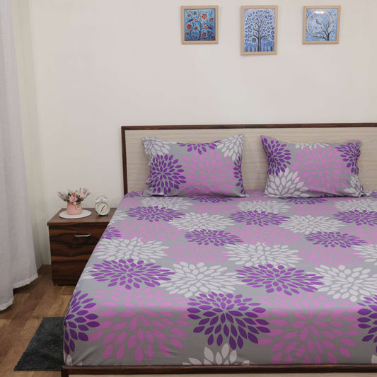 Luxury 1800 Brushed Microfiber 4PCs Printed Bedsheet chadar Set - Soft and Breathable - 1 Flat Sheet, 1 Fitted Sheet with 2 Pillow Cover - 10" Drop (Purple Petal Print)