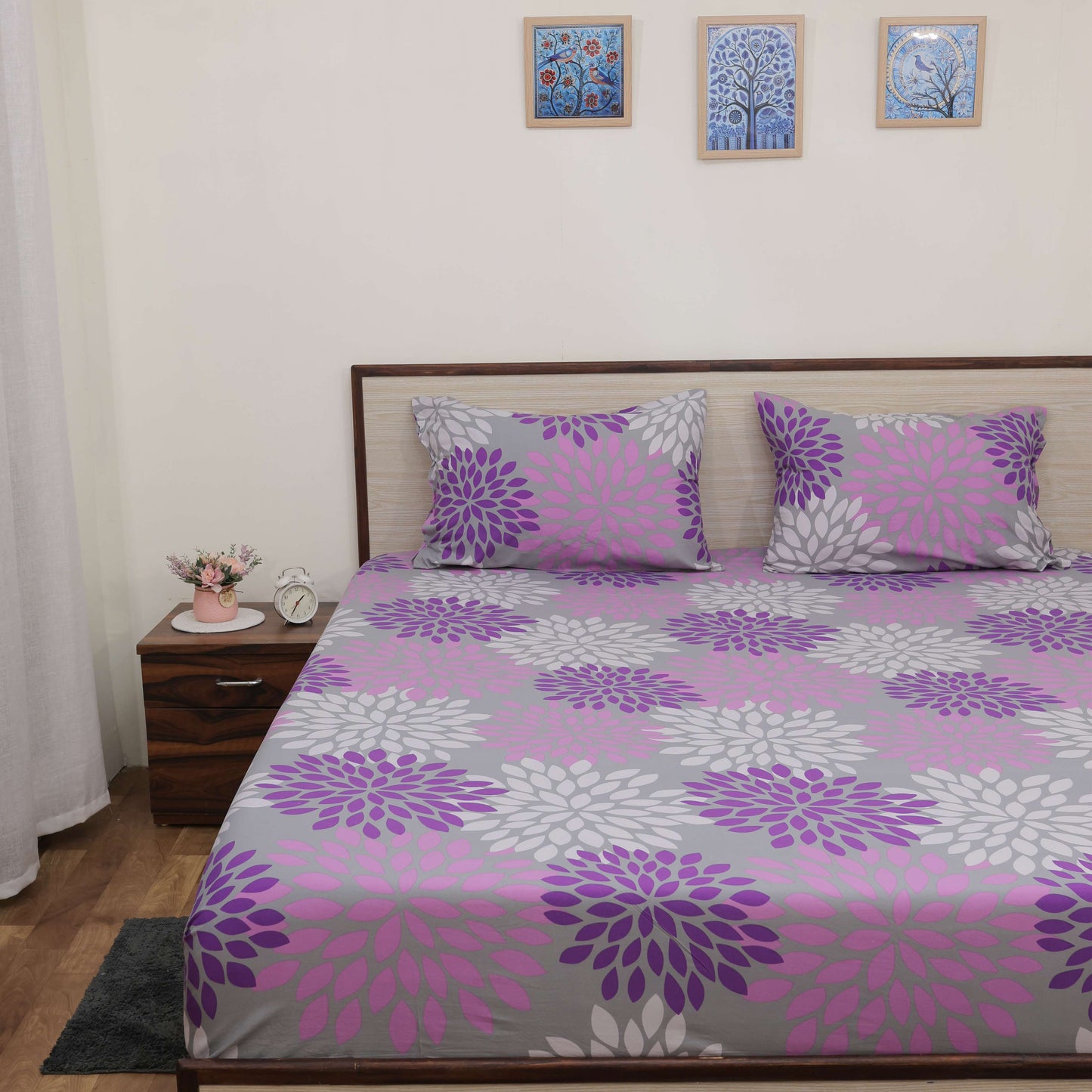 Premium Printed Microfiber All Round Elastic Fitted Bedsheet only| 10 Inch Deep Pocket | Wrinkel Free Bed Cover (Purple Petal Print)