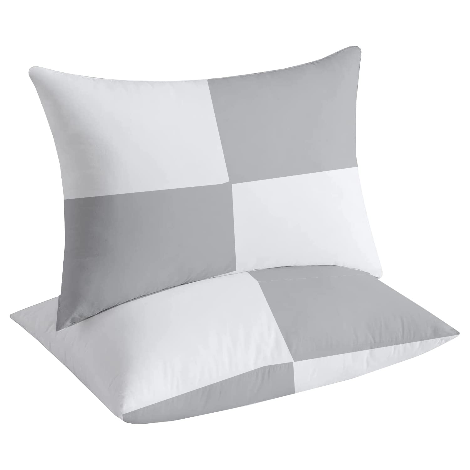 Microfiber Filled Bed Pillows for Sleeping | Takiya Combo Set of 2 for Bed Room | Super Soft Pillow Fillers for Back, Side, and Stomach Sleepers, Light Grey Checks