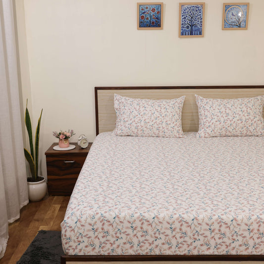 Super Soft Microfiber Fitted Bedsheet | All-Round Elastic | 10-Inch Deep Pocket | Fade, Stain & Wrinkle Resistant | 2 Pillow Covers (Coco Rose Leaf Print)