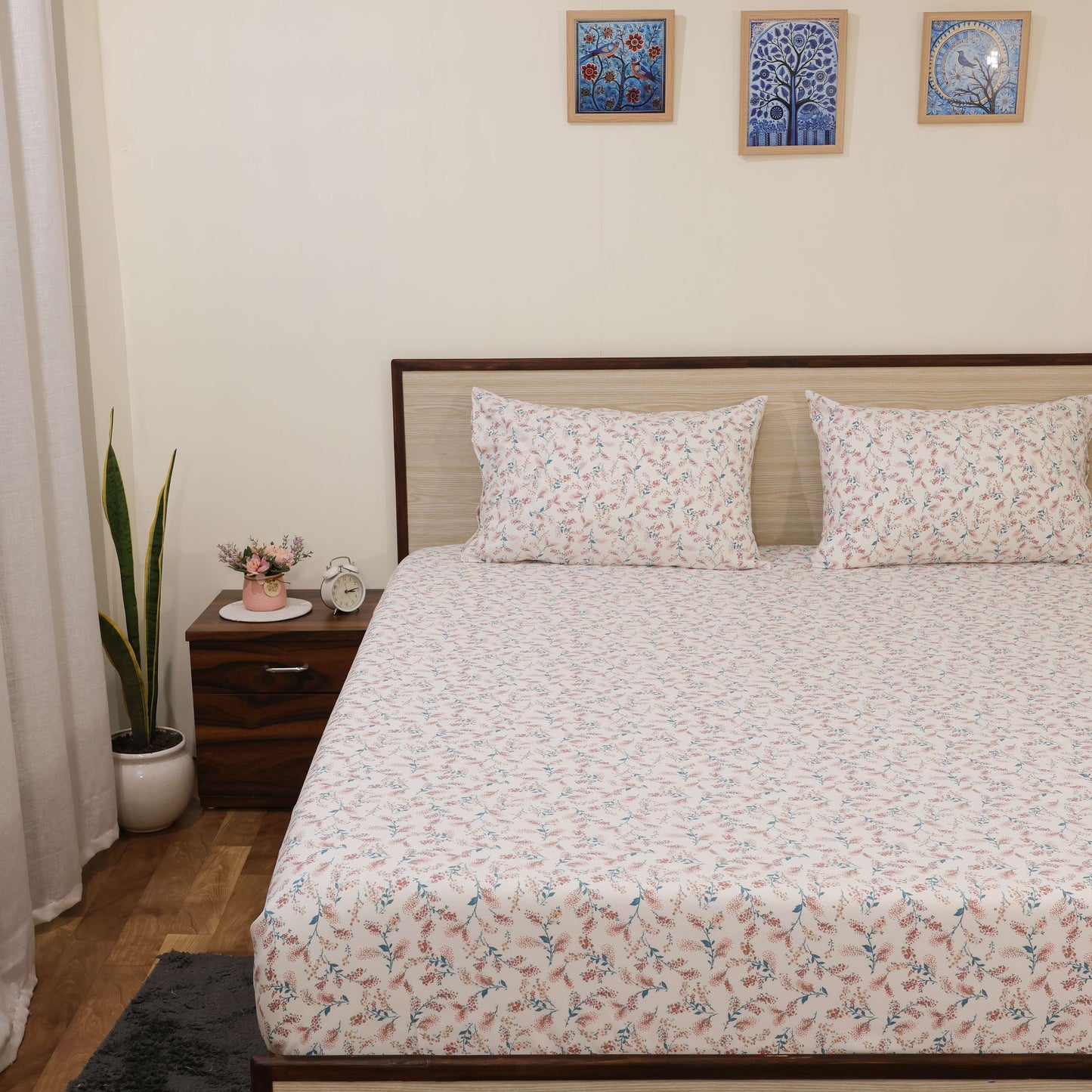 Premium Printed Microfiber All Round Elastic Fitted Bedsheet only| 10 Inch Deep Pocket | Wrinkel Free Bed Cover (Coco Rose Leaf Print)