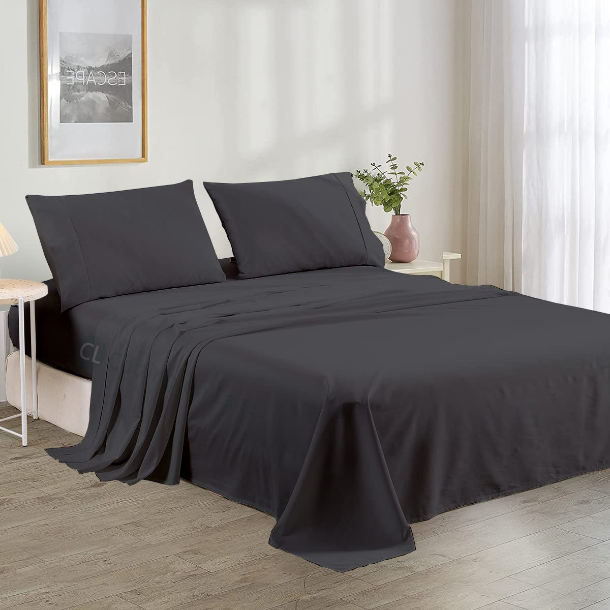 Luxury Microfiber 4-Piece Bedsheet Set | Soft & Breathable | Flat Sheet, Fitted Sheet (10" Deep) & 2 Pillow Covers (Dark Grey)