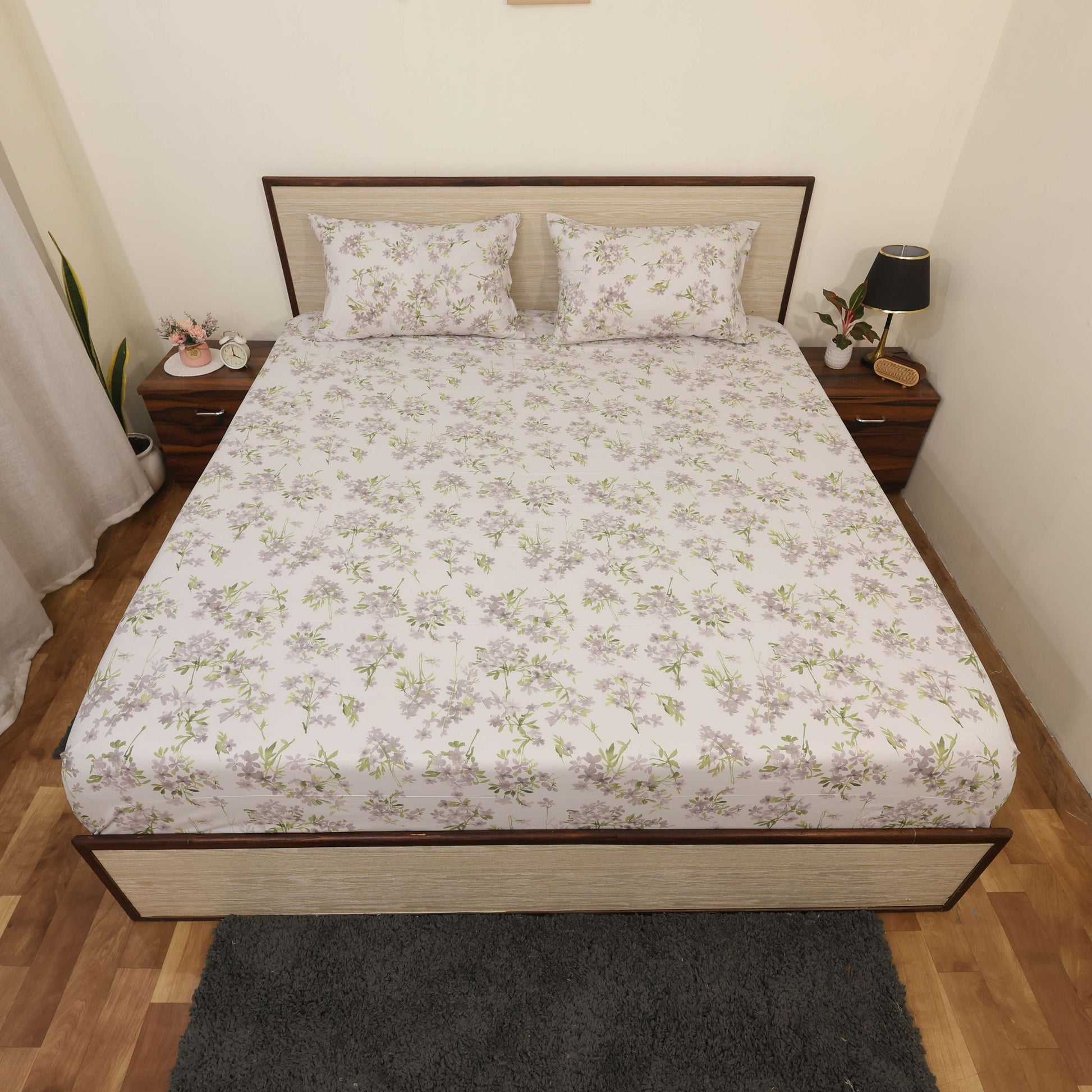 Super Soft Microfiber Fitted Bedsheet | All-Round Elastic | 10-Inch Deep Pocket | Fade, Stain & Wrinkle Resistant | 2 Pillow Covers (Serene Serenity Print)