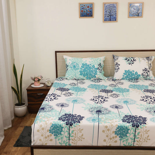 Luxury 1800 Brushed Microfiber 4PCs Printed Bedsheet chadar Set - Soft and Breathable - 1 Flat Sheet, 1 Fitted Sheet with 2 Pillow Cover - 10" Drop (Coverlet Blue Floral Print)